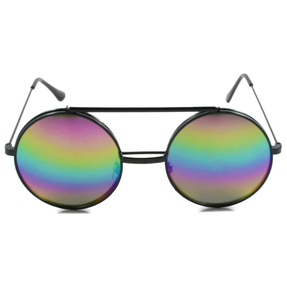 Vintage Retro Hip Steampunk Black Rainbow Mirrored Lens Round Circle Sun Glasses